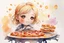 Placeholder: beautiful composition, a blonde chibi girl dreaming about pizza and cake, melting watercolor and black ink outlines on wet paper, soft, shading strokes, in sunshine, ethereal, otherwordly, cinematic postprocessing, bokeh, dof