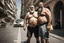 Placeholder: half figure shot photography of two turkish ugly dirty burly construction workers strong chubby wet sweat 51 years old shirtless, boxer, long beard, bulge, tattoo, manly chest , embaced on italian sidewalk, big legs, big shoulders, photorealistic, sunlight, summer, ambient occlusion, side view from the ground