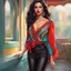 Placeholder: A full body Portrait of a beautiful young woman, slanted, dark eyes with large eyelashes, voluminous wavy black hair, red lipstick, thin strap blouse, colorful, perfect face, shine, realistic, best image quality, oil paint, Light clothes, vivid colors, Thin strap blouse, Art By Jon Bauer,, By cgsociety,standing