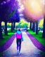 Placeholder: park mystical dream, park bench, man, woman, child, dog, pretty blue and purple trees, blue path, bird, jogger, sunshine, mystical, fantasy, romanticism, movie poster, cinematic, cinematic lighting, award-winning, beautiful colors, daylight, daytime, vibrant,