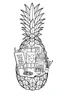 Placeholder: Pineapple Cozy Art Studio Coloring Page: A pineapple cross-section displaying an art studio. Features an easel, paint palettes, brushes, and artworks hung on the walls.