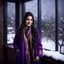 Placeholder: Hyper Realistic Photographic View Of A Gorgeous Pashto Young Woman (Wearing Long Purple Coat, Black Dress With Golden Embroidery & Wearing Purple Scarf On Her Neck) Alone Happily Standing & Smiling In Her Office Room With Her Beautiful Long Black Hair, With A Little Garden View From Outside Window At Dark Night With Heavy Snowfall View From A Fancy Window At Her Back Showing Dramatic & Cinematic Ambiance.