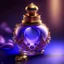 Placeholder: Golden round perfume bottle with purple crystal cap and small purple decorations. Illustrative art, art interpretation, concept art, cgsociety contest winner, seasonal art, seasonal art HD, 4k, 8k, intricate, detailed, intricately detailed, luminous, translucent fantasy crystal, holographic data, soft body, shadow play, light, fog, atmospheric, cinematic, light film, hyper-detailed, hyper-realistic, masterpiece, atmospheric, high resolution, 8k, HDR, 500px, mysterious and artistic digital art, p