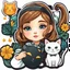 Placeholder: very beautiful sticker like realistic cartoon girl with cat