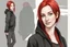 Placeholder: Woman with bright red hair, brown eyes, wearing a black hoodie, realistic, slight smile