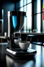 Placeholder: An ultra-advanced and futuristic home coffee maker with a touch screen and a curved shape inspired by bionic coffee beans and with a fun and different color palette made of metal glass and The ability to grind coffee while brewing it