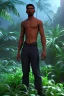 Placeholder: 3D render of a cyberpunk tribal young black man, black hair and goatee, on a dark blue jungle background, digital art