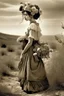 Placeholder: young woman, blouse and skirt, thin black bow under the neck of the blouse, huge bouquet of flowers on her head, full body, in a 16K wasteland, toned in sepia, estilo Bansky, profile view