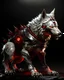 Placeholder: massive silver and red white wolf, glowing red eyes, covered in spiked metal armor, with a throne on the back