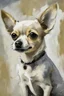 Placeholder: This image is a striking painting of a chihuahua The dog is facing forward with a slightly tilted head, giving it a curious and endearing expression. Its fur is rendered with expressive, textured impasto brushstrokes in earthy tones—creamy whites, browns, and hints of gray—that create a sense of depth and movement. The background is a soft, muted gray, which contrasts beautifully with the warm tones of the dog and helps it stand out as the focal point. The overall style blends realism with impre