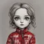 Placeholder: Sketch of the face of a blythe doll , wearing a real red woollen jacket