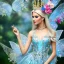 Placeholder: Fantasy fairy with transparent wings, smiling, make up, long platinum blond hair with crown and flowers, blue dress, flower background