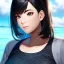 Placeholder: black haired woman, casual clotting, realistic, HD4k, watery cloud background, close up shot,