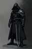 Placeholder: A faceless armored bulky commander with a black hood and a long coat with long combat boots and a big sword with grey to black background facing forward and a little to the left