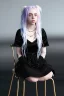 Placeholder: Billie Eilish, sitting on a chair, Black Short Dress, pale skin, high detail, realistic, 8k