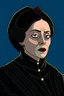 Placeholder: A portrait of a 40-years old aristocrat woman from XV century in strict dark clothes, authoritative, cold, emotionless, in the style of Genndy Tartakovsky's cartoons, uncovered head