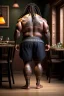 Placeholder: full body shot back view photography of a burly stocky giant gipsy lumberjack tattoed 55 years old , in italian restaurant, shirtless with swimwear, dreadlocks, long beard, emotive eyes, big shoulders, big fat ass, ambient occlusions, photorealistic