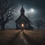 Placeholder: Hyper Realistic Haunted Chapel between a Field & dry old tree at rainy night with a headless man