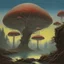 Placeholder: looking out over a lake, in an alien forest, flying mushrooms with jellyfish tenacles formed into gnarled trunks, Roger Dean