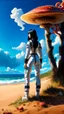 Placeholder: Photorealistic slim woman with black hair in a space suit, looking out over a sandy beach next to a sea, with tall, narrow cloud trees and flying mushrooms with octopus tentacles