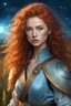 Placeholder: digital art portrait of a beautiful young female fighter, pastel style, fantasy, long messy curly ginger hair, pale blue eyes, fierce, dressed in light reveaing asian fighter outfit, ornaments, choker, standing in fields, night-time, stars, realistic, sexy, cinematic lighting, highly detailed face, very high resolution, centered, looking at the camera