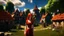 Placeholder: A photorealistic image of a red-haired, slender, witchy woman standing in a village common with neat-mown grass, surrounded by many thatched cottages and shops, under a large tree. Sunny day.