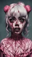 Placeholder: full color, illustration of a darkred and pink tones, menacing, Singer Melanie Martinez face, as a decayed, broken, skin turned translucent, black veins that extended like roots beneath her skin, latex suit, crude homemade cloth doll toy, with a narrow cracked porcelain face, thick dark eyebrows, hair in two gradually, made from ragged strips of cloth, in the style of Alex Pardee, Tim Burton, and Nadya Sheremet