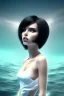 Placeholder: black hair muse with white top in the ocean