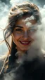 Placeholder: A beautiful eyes of a woman’s smiling? Turbulent winds of steam swirl around the louds lit by shafts of sunlight that cast dramatic shadows on the A beautiful woman High quality 16k cinematic scene and great photography