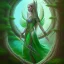 Placeholder: water color and spray painting fantasy art, portrait elven angel with green clothes standing in portal to wet forest world from desert world with camels,poetry book illustration