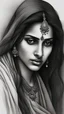 Placeholder: A melancholic yet enchanting Indian woman, her teary eyes holding a hint of sorrow beneath their beauty. In a stunning pencil drawing, her flowing hair cascades around her delicate features, capturing a moment of profound reflection. The shading and detail in this exquisite piece evoke a sense of depth and emotion, elevating it beyond a mere sketch. Rich textures and masterful use of light and shadow create a compelling portrait that is both heartbreaking and captivating.