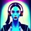 Placeholder: close-up of a female face with headphones in retro colors, synthwave style, 2d, digital vector art