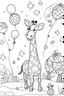 Placeholder: HAPPY NEW YEAR colouring page for kids,Giraffe reaches for starlit balloons, thick outline, low details, no shading, no colour