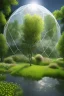 Placeholder: geodesic Dome a facettes transparant ultra réaliste, brouillard, prairie,riviers animé, soleil, ciel étoilé cgi,