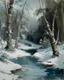 Placeholder: A grayish blue winter forest with a frozen creek designed in Mayan architecture painted by Edouard Manet