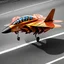 Placeholder: award winning photograph of a house-fly fighter-jet genetic-splice designed by only one vehicle per image painted metallic orange traveling at a high rate of speed, jet intake off of front center of vehicle and jet exhaust out the rear with bright blue flames painted on the hood and front quarter panels, bilaterally symetrical, more a high speed road vehicle