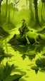 Placeholder: A light yellowish dark green swamp with bugs in daylight painted, a man riding a frog