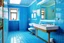 Placeholder: Pictures of bathrooms in a restaurant where the walls and floors are colored in shades of blue and white