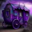 Placeholder: Old fashioned purple, blue and pink gypsy wagon decorated, curtains fluttering in the wind