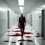 Placeholder: the scene takes place in a white hospital corridor where an undead man, his pale skin covered in dried blood, stands amidst the remnants of scattered bodies. The sight is disturbing, with limbs and gore strewn across the sterile floor. The undead man, with his ghastly appearance and determined posture, exudes a sense of eerie resolve and unearthly strength in a setting of devastation and desolation. Moreover, a pentagram glows ominously as a tattoo on his decaying flesh, adding an additional la