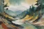 Placeholder: an abstract, dramatic, painting of a lush Pacific Northwest forested, rock strewn, river valley landscape, in the imagery-stain painting style of Helen Frankenthaler, muted natural colors, museum quality masterpiece