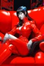 Placeholder: A digital illustration by Kuniyoshi and Hajime Sorayama of a beautiful gynoid sitting in a red couch.