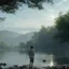 Placeholder: In the anime, a young male character is near the green lake in the sunset afternoon.