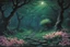 Placeholder: Night, trees, flowers, japanese manga style, horror gothic fantasy spring, rocks, friedrich eckenfelder impressionism paintings