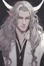 Placeholder: A dnd character portrait, a tiefling man with long hair and two black horns, white eyes and pale skin. Handsome. Young.