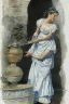 Placeholder: A woman in an ancient Roman dress pours water from an amphora into a pot in a blue and white bathroom, by Jean-Baptiste Monge, watercolour and ink, highly detailed, award winning, crisp quality in sunshine