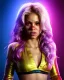 Placeholder: portrait, Shakira, blonde artist, angry, Realistic image, MMA robe, hoodie, mouthguard, nose, band aid, loose long hair, eyes make up, line gold make up, glow, circle iris. Rain, fog, Neon colors, leds. Dark background, photo studio, concept art, smooth, unreal engine 5, god lights, ray tracing, RTX, lumen lighting, ultra detail, volumetric lighting, 3d, finely drawn, high definition, 4k.