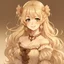 Placeholder: Adult woman, long blonde hair with curly tentrils against her cheek and top half up on a nice little bun, warm brown eyes, anime style, front facing, rococo dress,