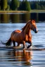 Placeholder: A red roan mare rearing in a large stunning lake