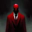 Placeholder: a sinister faceless figure wearing a red suit and a priest's collar with no face and dirty slicked back hair